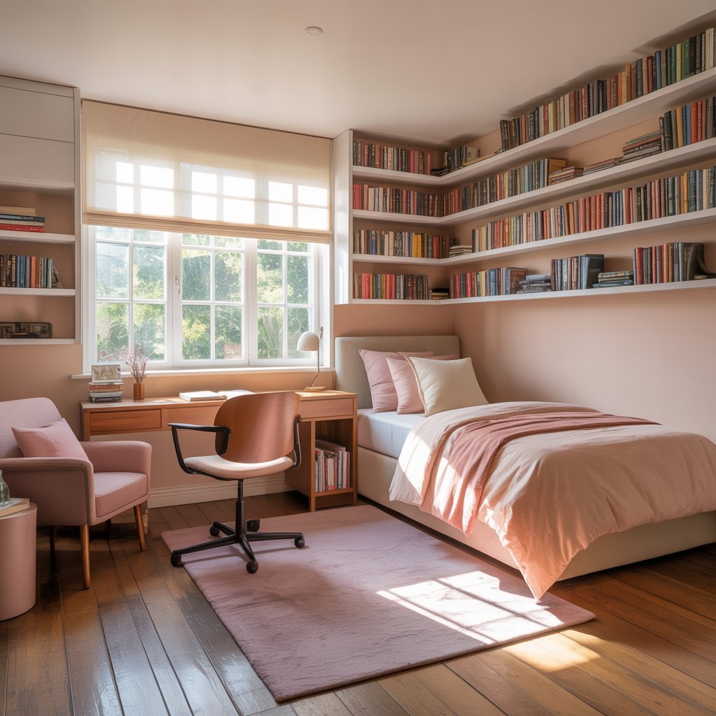 Stylish Study Bedroom with Study Table & Storage Solutions by Levy Interior