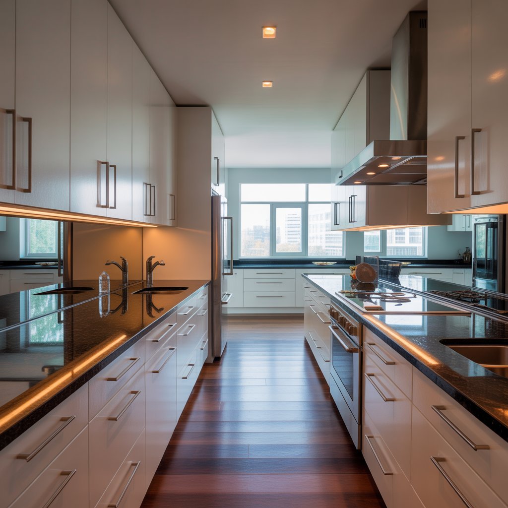 Space-Saving Straight Kitchen Interiors for Modern Living by Levy Interior